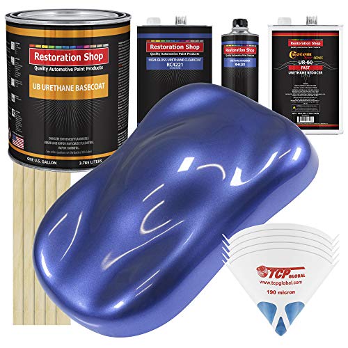 Restoration Shop - Indigo Blue Metallic Urethane Basecoat With Clearcoat Auto Paint - Complete Fast Gallon Paint Kit - Professional High Gloss Automotive, Car, Truck Refinish Coating #TOP6