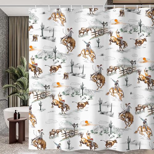 Hjokiupt Western Cowboy Shower Curtain for Bathroom, Wild West Cowboy Ride Horse Cactus Bath Curtains, Farmhouse Country American West Theme Fabric Bathroom Accessories Decor with 12 Hooks 72 x 72 by Hjokiupt - Image 2