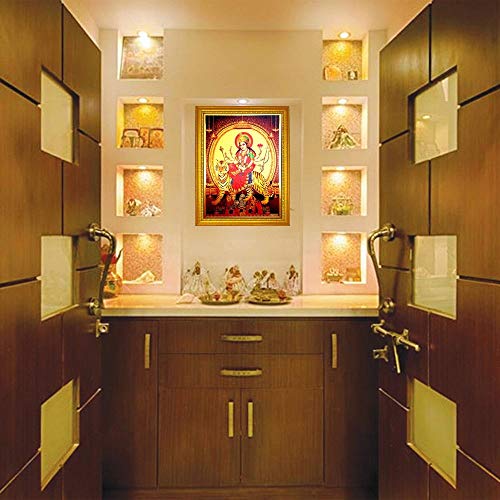 Image of ADA Handicraft Maa Sherawali With Tiger Mata Durga Bhavani Wood Wall And Pooja Photo Frame (35 x 25 cm, Multicolour)