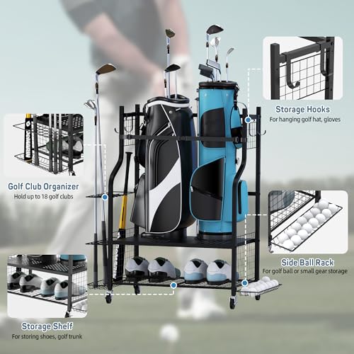 PLKOW Golf Bag Stand Golf Bag Organizer Fits for 2 Golf Bags Golf Clubs Golf Equipment, Golf Bag Holder Golf Organizer for Garage Shed Basement