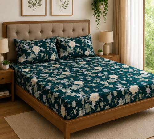 HIYANSHI HOME FURNISHING® Glace Cotton King Size All Around Elastic Fitted Geometric Double Bedsheet 72'' x 78'' Inchi with 2 Pillow Covers (Design-20), 220 TC, Multicolor