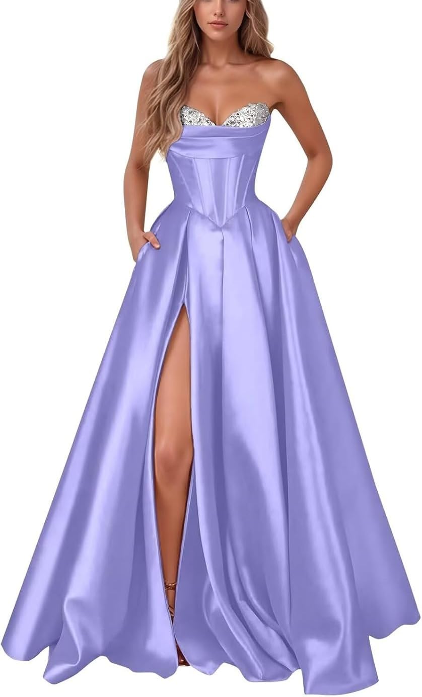 Strapless Satin Prom Dresses with Slit Long A Line Sequin Formal Evening Party Wedding Guest Ball Gowns