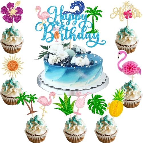 Ephlyn 33Pcs Summer Beach Happy Birthday Cake Topper Tropical Cupcake Toppers Flamingo Flower Palm Tree Cake Decorations for Summer Hawaiian Birthday Party Supplies Blue Multicolor