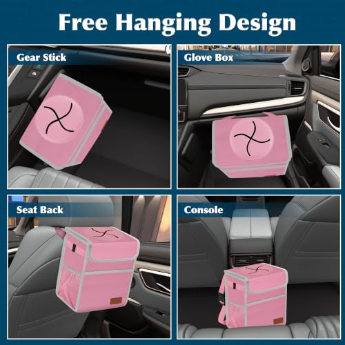 Image of Femuar Leak Proof Car Trash Can with Lid, Collapsible Hanging Waterproof Car Trash Bag with Mesh Pocket for SUV Front Seat Headrest, Light Pink