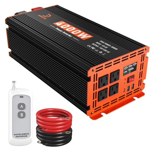 4000W Power Inverter 12V DC to 110V/120V AC Converter for RV/Truck/Boat/Camping/Off-Grid Solar Car Power Inverter Peak Power 8000W with 4 AC Outlets,USB & Type-C Port, Remote Controller & LCD Screen