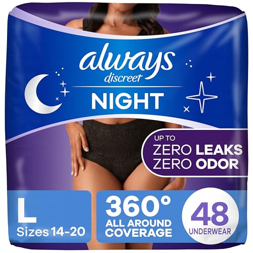 Always Discreet Overnight Adult Incontinence & Postpartum Bladder Leak Underwear for Women, Disposable, Large, 48 Count (3 Packs of 16)