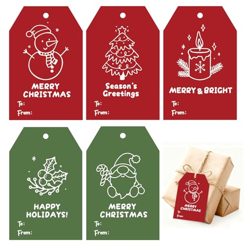 jijAcraft Christmas Tags with String - 50Pcs Holiday Gift Tags, Merry Christmas Name Tag, 5 Designs Xmas Labels for Gift Wrapping, Party Favors, DIY Crafts(3.3x2.1In)