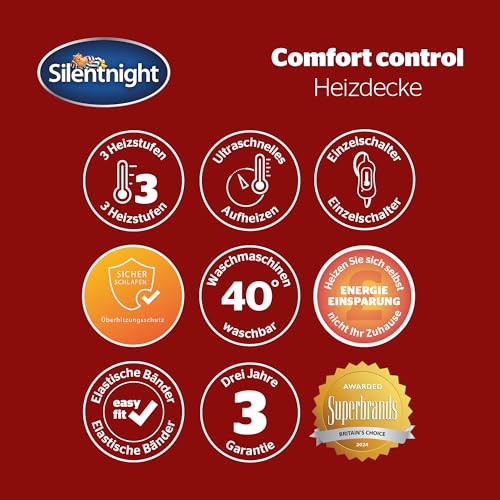 Silentnight Comfort Control Wärmeunterbett 140x150cm | Heizdecke Bett mit 3 Heizstufen, Ultraschnelles, Aufheizen Elastische Bander Waschmaschinen Waschbar | Heizunterlage Bett Heizmatte | 140x150cm