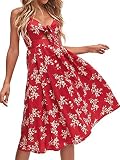 FANCYINN Womens Red Floral Prints Tie Front Button Down Spaghetti Strap Midi Dress Valentine's Gift Flower XL