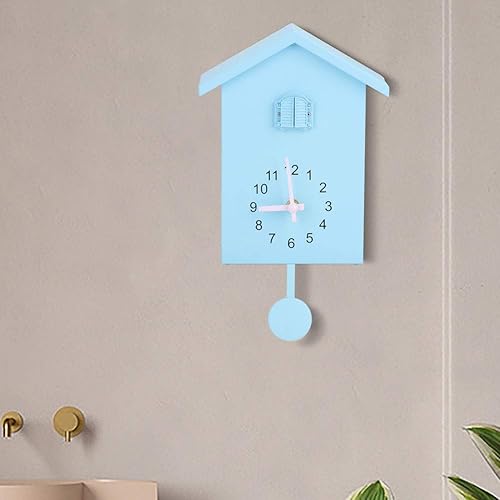 Miniatura 4 de Reloj de pared, estilo único, de plástico ABS, color azul, reloj de pared con alarma de tiempo, reloj de cuco con péndulo con decoración de pájaros,