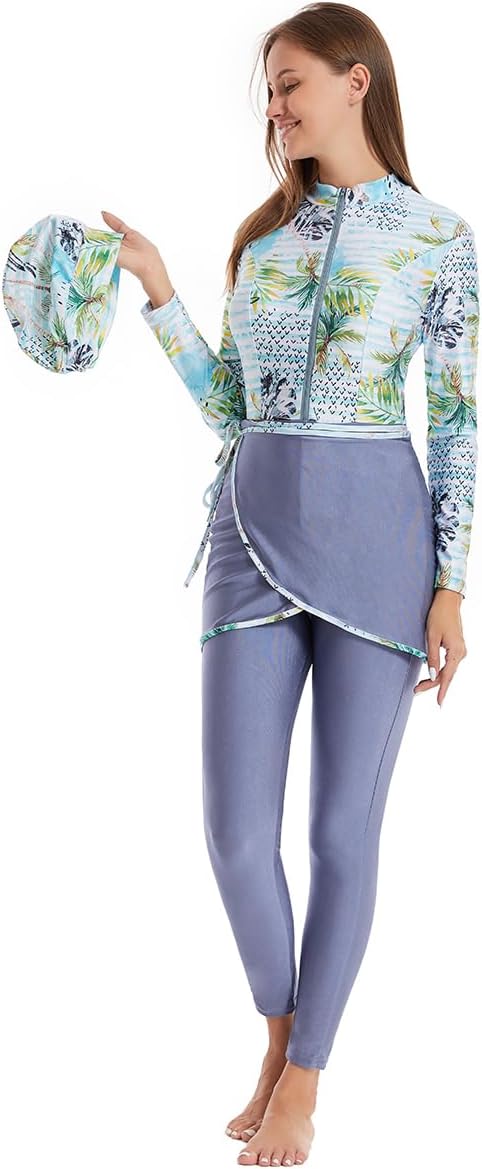 Women's Muslim Swimwear Long Sleeve Burkini Full Cover Swimsuit Rash Guard, 3pcs Set