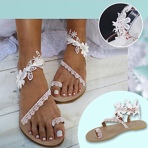 Summer Split Toe Flat Sandals for Women Wide Width Slip On Flower Lace Strap Sandal Ladies Comfy Non-Slip Cushion Footbed Dressy Shoes Bridal Shoe for Wedding Evening Cocktail Vacation2