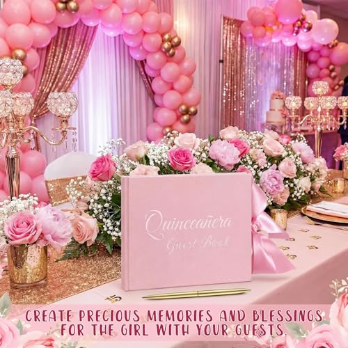 Image of Panelee Velvet Quinceanera Guest Book with Pen Pink Sign in Log with Bow 15 Year Anos Quince Book 144 Page Signature Guest Sign in Keepsake Album for Birthday Party Keepsake Gift