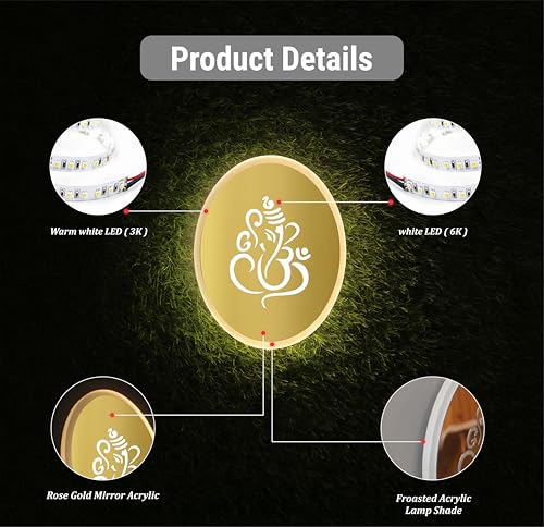 Image of Ganpati LED Wall Light - Gold & Frosted Acrylic | 23cm | Warm White | Ideal for Temple, Living Room, Bedroom, Pooja Room, Mandir, Shops, Hotel (Oval - Ganesh - Gold)