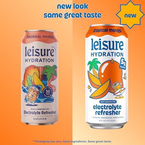 Image of Leisure Hydration Non-Carbonated Electrolyte Refresher, Tropical Mango Flavor - Low Sugar Nutrient Enhanced Water Beverage - Get The Best Hydration Packed w / Magnesium & Ashwagandha For Mood & Stress Support, Non-GMO, 16 oz (12-Cans)