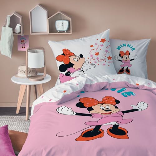 OMYDREAM Disney Home Minnie Happy Parure de lit Enfant 1 Personne | 100% Coton | Oeko-Tex | Housse de Couette 140x200 cm + taie d'oreiller 63x63 cm | Imprimé réversible Fille | Rose