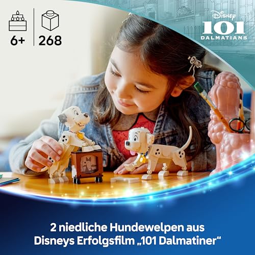 LEGO ǀ Disney Lucky & Penny 101 Dalmatiner - Welpen Spielset – Tierfiguren zum Spielen mit beweglichen Köpfen, Beinen & Schwänzen – Knochen & Fernseher – Geschenk für Mädchen ab 6 Jahren – 43271