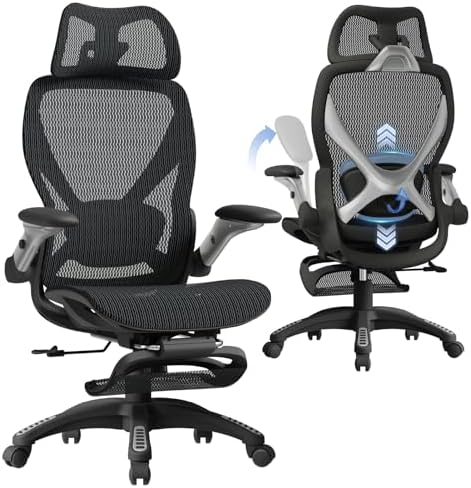 ELABEST X100 Ergonomic Mesh Office Chair with Footrest, Big and Tall Hone Desk Chair with 5D Flip-Up Arms, Adjustable 3D Lumbar Support,Gaming & Executive Computer Chairs