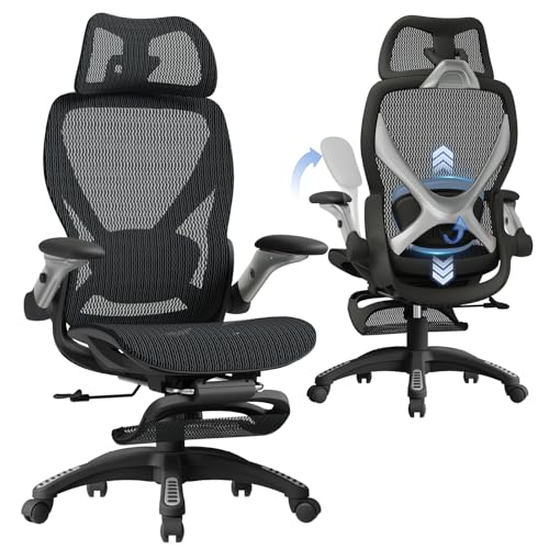 ELABEST X100 Ergonomic Mesh Office Chair with Footrest, Big and Tall Hone Desk Chair with 5D Flip-Up Arms, Adjustable 3D Lumbar Support,Gaming & Executive Computer Chairs for Long Hours(Midnight Mist)