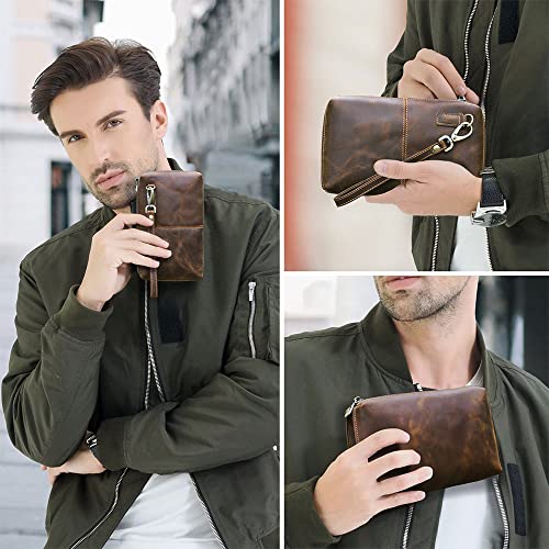 CONTACTS Mens Clutch Bag Leather Wallet, Crazy Horse Leather Vintage Clutch Wallet for Men Travel Wristlet Handbag Card Holder Phone Checkbook Purse2