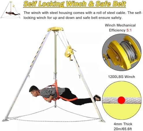 Fall Arrest Kits, Confined Space Tripod Heavy Duty Aluminum, 4.4ft-7ft Telescopic Leg Fall Protection Rope Rescue System for Deep Well/Sewerage/Flue, Commercial Fire Emergency Stan