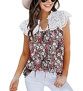 MIHOLL Women's Short Sleeve Tops V Neck Floral Lace Casual Loose Blouse Summer Shirts