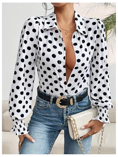 WDIRARA Women's Polka Dots Button Down Shirt Ruffle Bishop Long Sleeve Top Blouse4