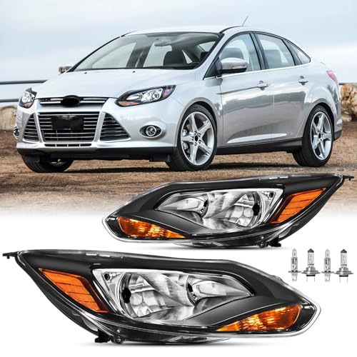 Headlights Assembly w/Bulbs For 2012 2013 2014 Ford Focus SE SEL Titanium Base Hatchback Sedan Replacement Halogen Headlamps Driver and Psaaenger Side Black Housing Amber Reflector Clear lens(LH&RH)