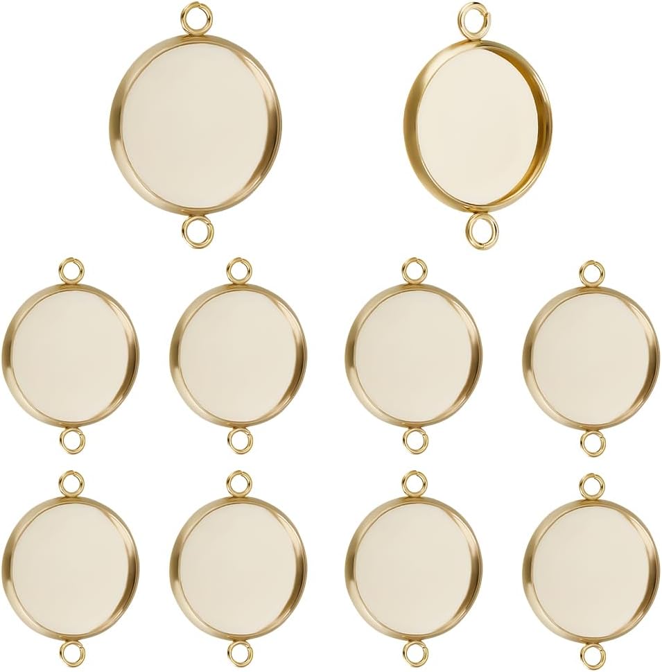 Beebeecraft 30Pcs Cabochon Connector 24K Gold Plated Stainless Steel Flat Round 10mm Blank Bezel Pendant Trays with Double Loop for Jewelry Making