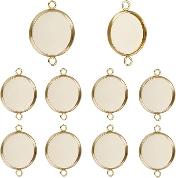 Beebeecraft 1 Box 30Pcs 201 Stainless Steel Cabochon Connector Settings Blank Linking Pendant Bezel Trays 14mm Flat Round with Double Loop for Jewelry Making