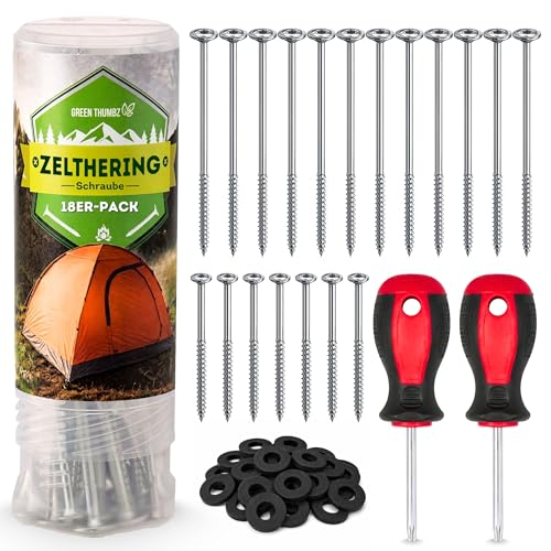Tellerkopfschrauben Camping - 18er-Set Erdschrauben für Camping und Zeltbefestigung Zeltschrauben mit Bits und Unterlegscheiben