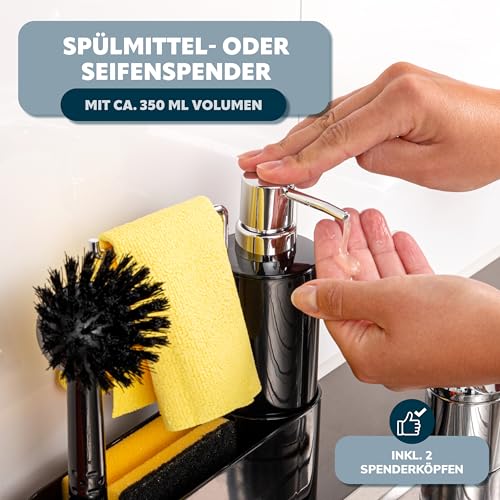 Foto von bremermann Spülbecken Organizer für Küche & Bad, Spülutensilienhalter inkl. Seifenspender, Spülbürste mit Bürstenkopf und Spültuchhalter, mit Ersatzbürstenkopf und Pumpe, schwarz