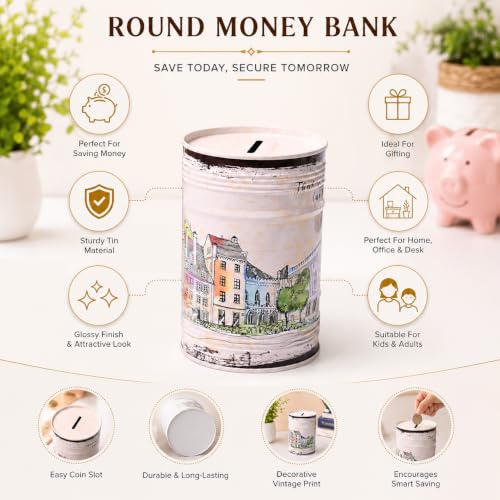 Image of Market99 Round Money Bank | White Tin Coin Bank with Glossy Finish & Vintage Theme Print | Stylish Piggy Bank for Kids & Adults | Decorative Savings Box for Home, Office Desk & Gifting Use