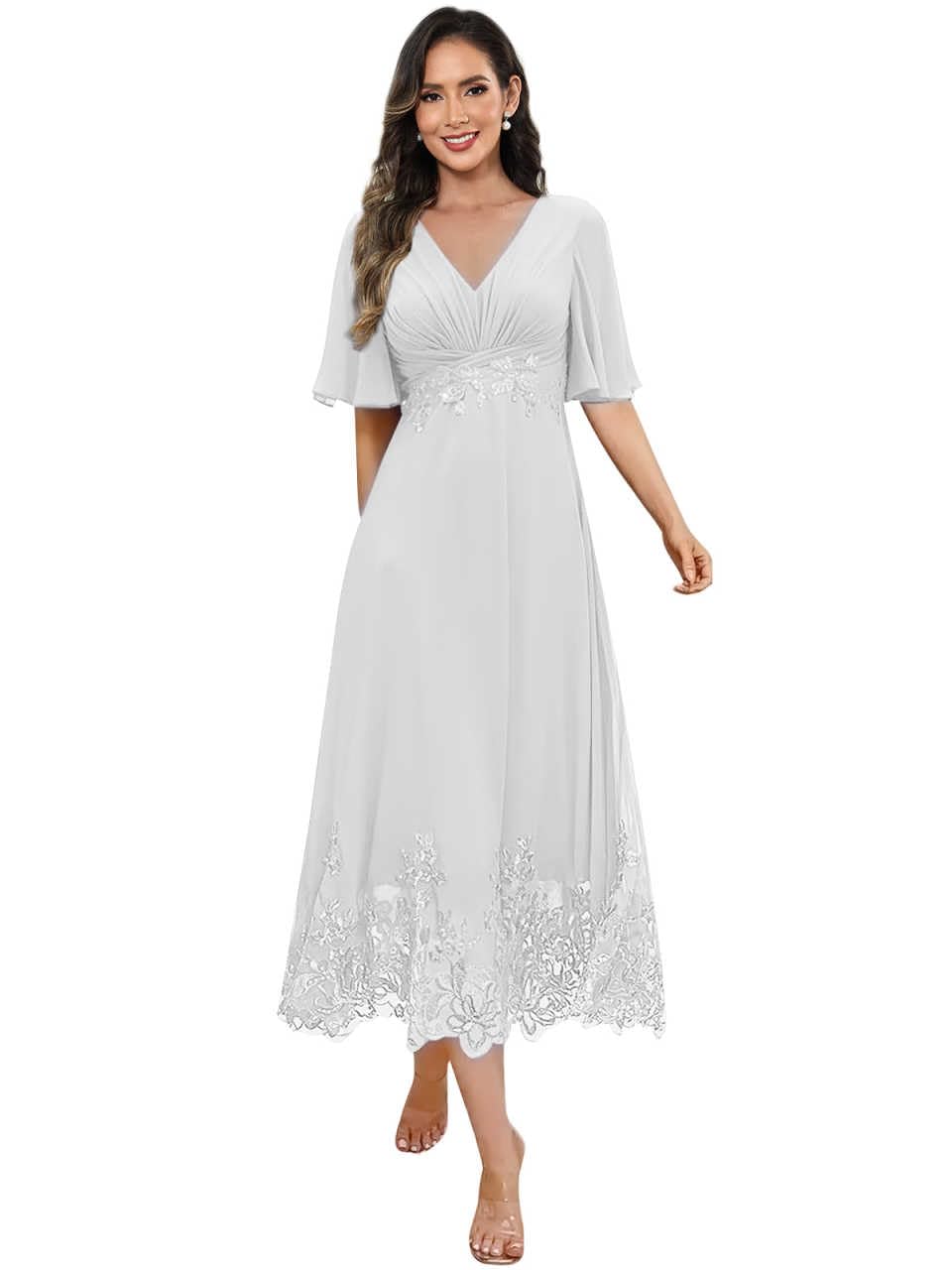 Tea Length Chiffon Mother of The Bride Dresses for Women V-Neck Lace Appliques Evening Formal Dress with Sleeves