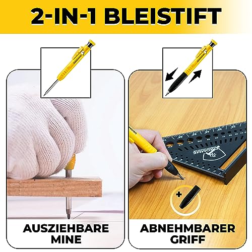 Dromme Baustellbleistift Tischler Profi [+ 7 Minen Multihalter + Spitzer + ergonomischer Griff] Ausziehbarer Minenbleistift – perfektes Werkzeug für Basteln
