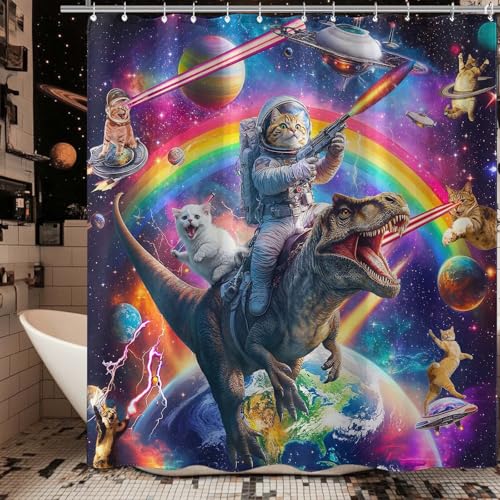 78 Inch Long Funny Cat Dinosaur Shower Curtain Fun Cool Colorful Space Cats Shower Curtains for Bathroom Fantasy Galaxy Universe Anime Kids Waterproof Fabric Bath Curtain Decor 72 X 78 Inch