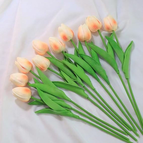 12pcs Artificial Tulip Flowers 13.6 Real Touch Fake PU Tulips Bouquet Flowers for Kitchen Home Indoor Outdoor Wedding Mother's Gift Day Decorations (12pcs-Champagne)
