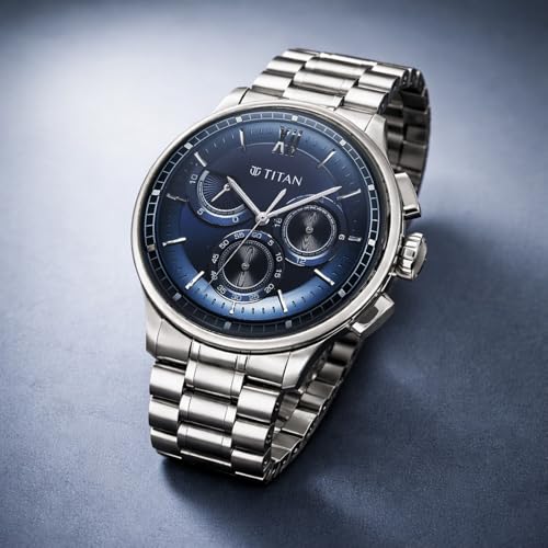 Image of Titan Classique Half Cut Chronograph Quartz Analog with Blue Dial Silver Stainless Steel Strap Watch for Men - 90218SM02