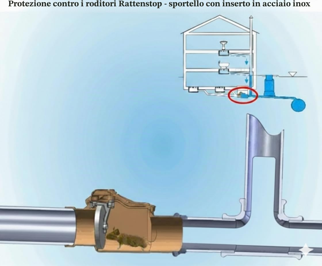 Tappo antiritorno DN125 con doppia patta e chiusura manuale di emergenza – Ø125 per tubi HT & KG – Protezione per ratti con alette in acciaio inox