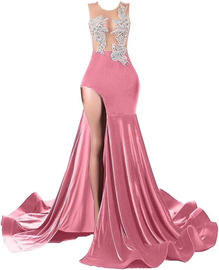 High Split Velvet Prom Dresses Applique Formal Dresses for Women Mermaid Prom Gown