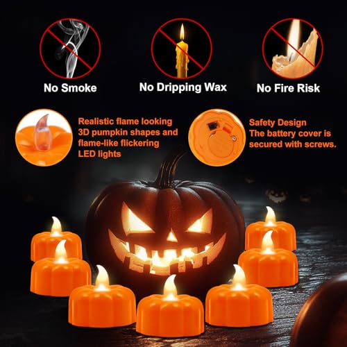 Image of Pumpkin Tea Lights Fall Decorations for Home, 12 Pack LED Orange Pumpkin Lights FlameLess Candles Battery Operated Thanksgiving Flickering Tealights Candles for Table Home Party Halloween Decor