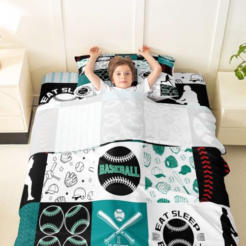 Image of Castle Fairy Baseball Bed Sheet Set for Kids,Sports Geometric Grid Green Sheets Set,Patchwork Baseball Home Decor Sheet Sets with Deep Pocket,Top Flat Sheet,Twin Size