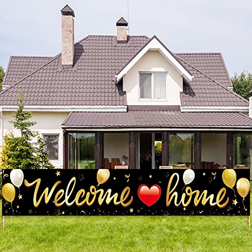 Welcome Home Banner Decoration, Black Gold Welcome Back Home Yard Sign for Outdoor Decor, Military Homecoming Deployment Returning Party Supplies