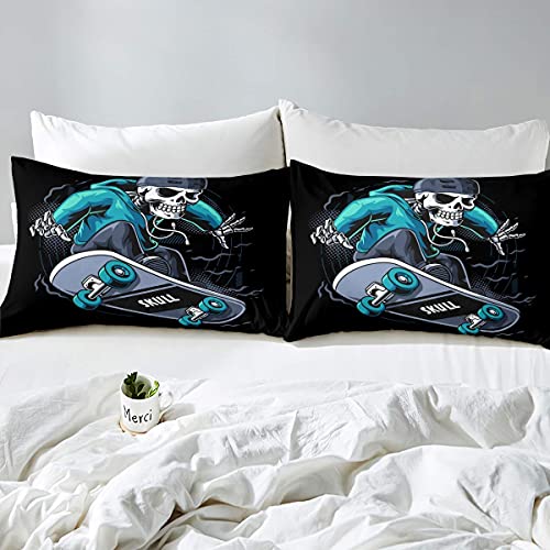 Skateboard Bedding Set King Size Hip Pop Sugar Skull Comforter Cover Skate Board Street Sports Duvet Cover Skeleton Hippie Bedspreads Cover With 2 Pillow Cases Child Room Decor Blue Black - Image 2