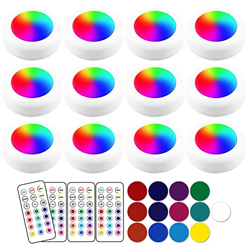 Image of 13-Color LED Puck Lights with Remote Control | Wireless Battery-Powered Stick-On Under Cabinet Lighting | Dimmable Color Changing Lights with Timer for Kitchen, Closet & Home Decor