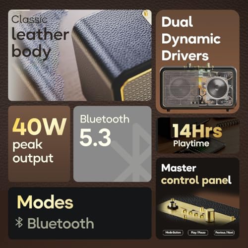 Boult Newly Launched Retroamp Z40 with 40W Bluetooth Speaker with Dual Dynamic Drivers, 14Hrs Playtime, Rugged Leather Body, Type-C Charging,... - Image 2