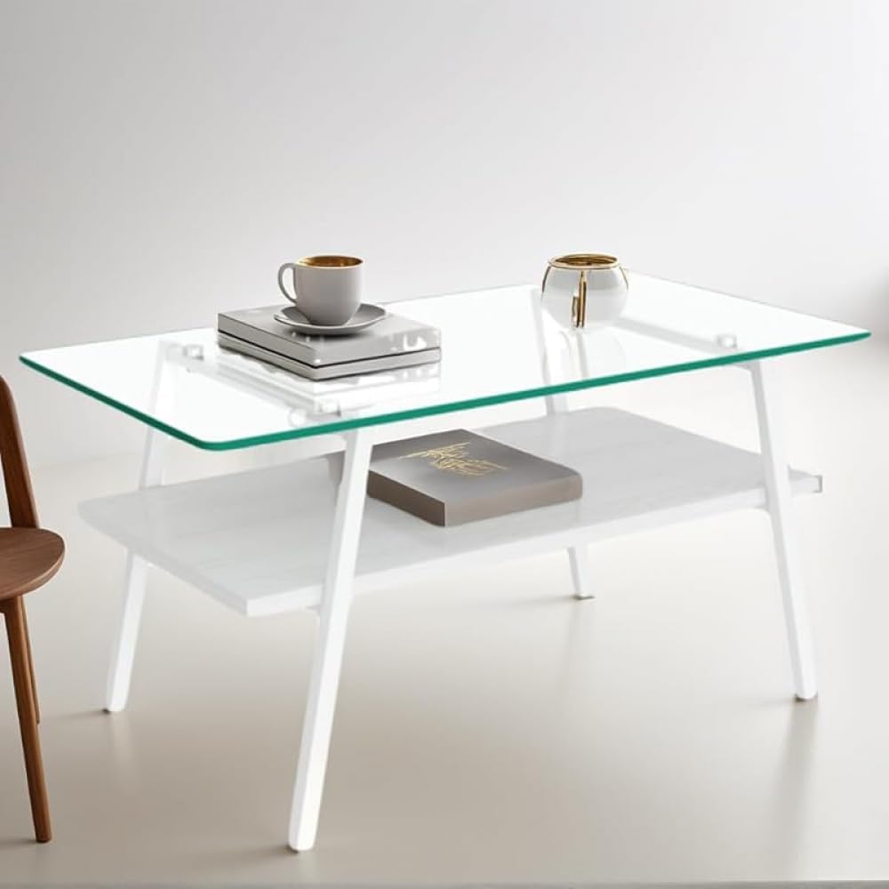 KOKUMON モダン長方形ガラスコーヒーテーブル 強化ガラス天板・MDF