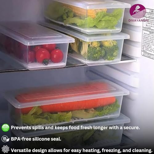 Image of DIVAYANSHI Fridge Storage Containers (Pack Of 5), Fridge Organizer with Removable Drain Plate & Secure-Sealing Lids, Fridge Storage Boxes Keep Fruits, Vegetables Fresher, Container Box, 1500 ML