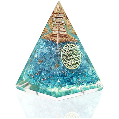 Aquamarine Crystal Orgone Pyramid - Raw Clear Quartz Crystals Point Meditation Pyramid - Aquamarine Gemstone Orgonite Pyramid - Crystal Pyramid Stone of Courage Healing Throat Chakra Stress Relaxation Cover