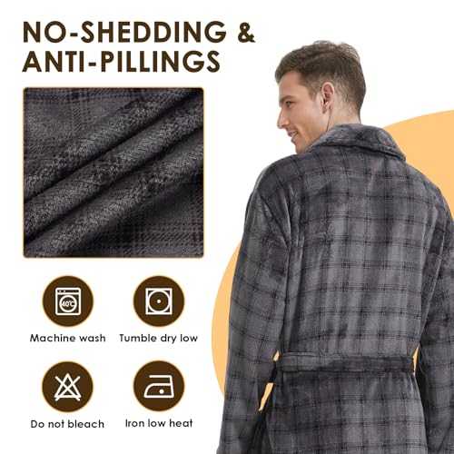Men's Fleece Plush Bathrobe Full Length Big and Tall Shawl Collar Plaid Men Robe(Grey&Black, 7XL)4